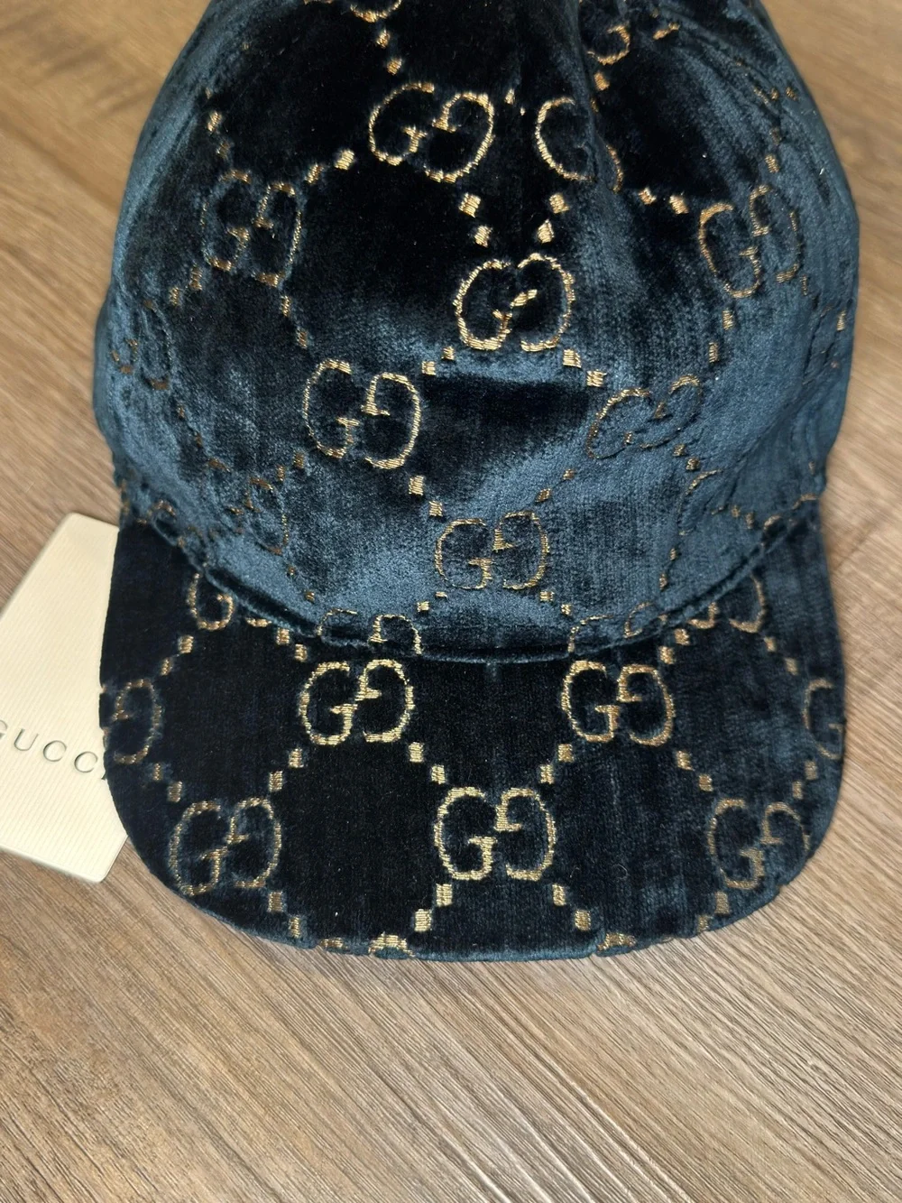 Gucci Double GG Logo Sapphire Blue Gold Velvet Baseball Cap Hat